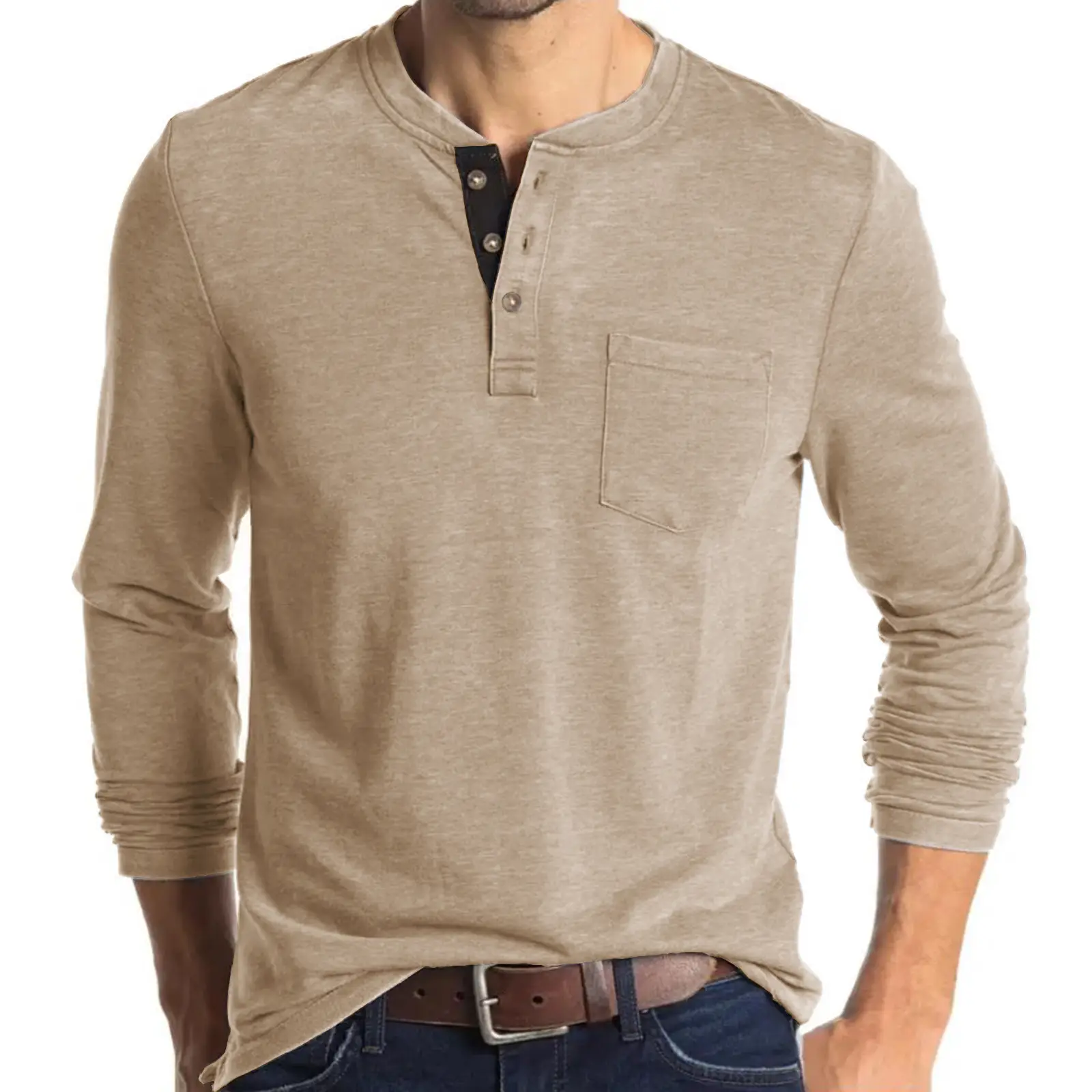 Men's Long Sleeve Round Neck T-Shirt Olive Green - Image 14