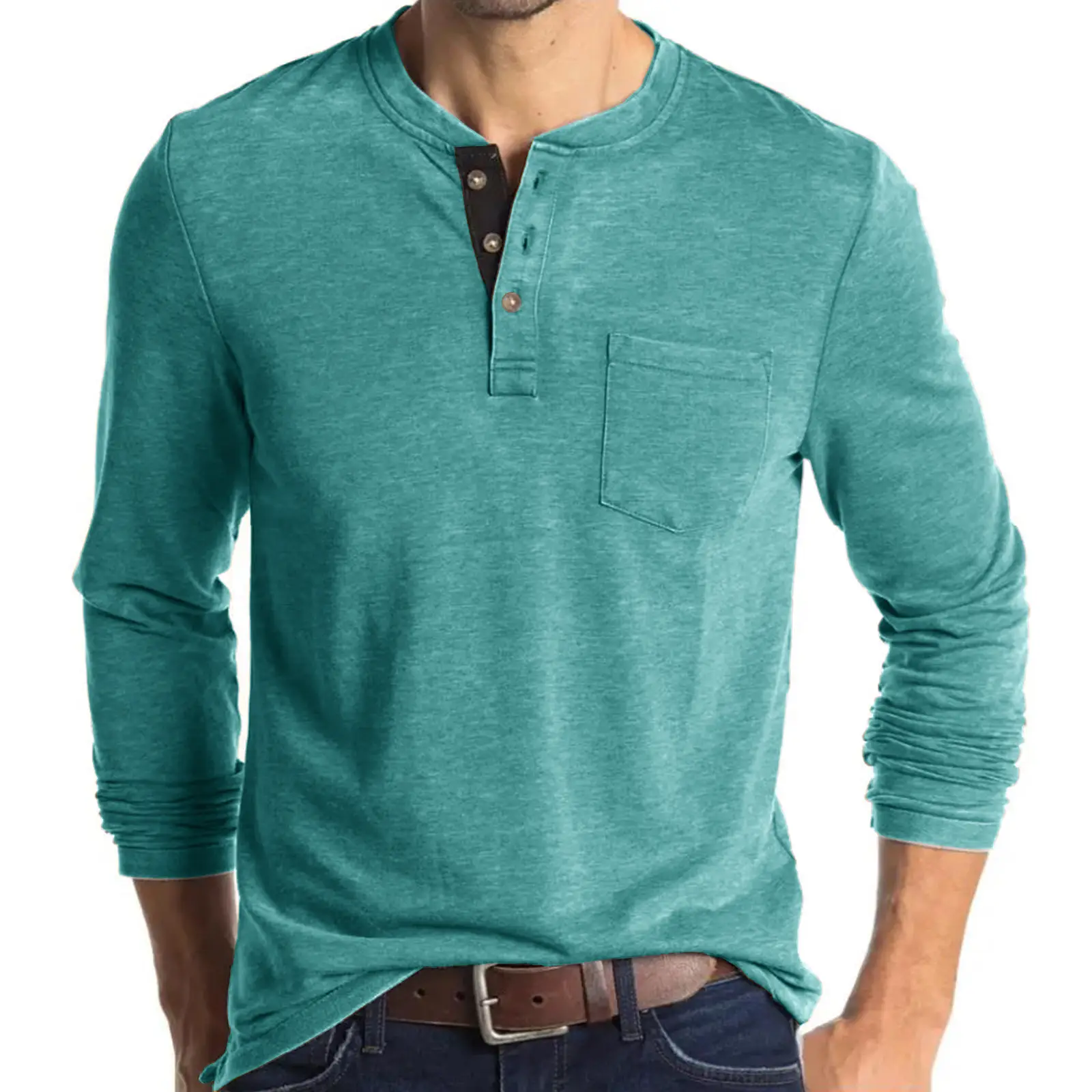 Men's Long Sleeve Round Neck T-Shirt Olive Green - Image 15