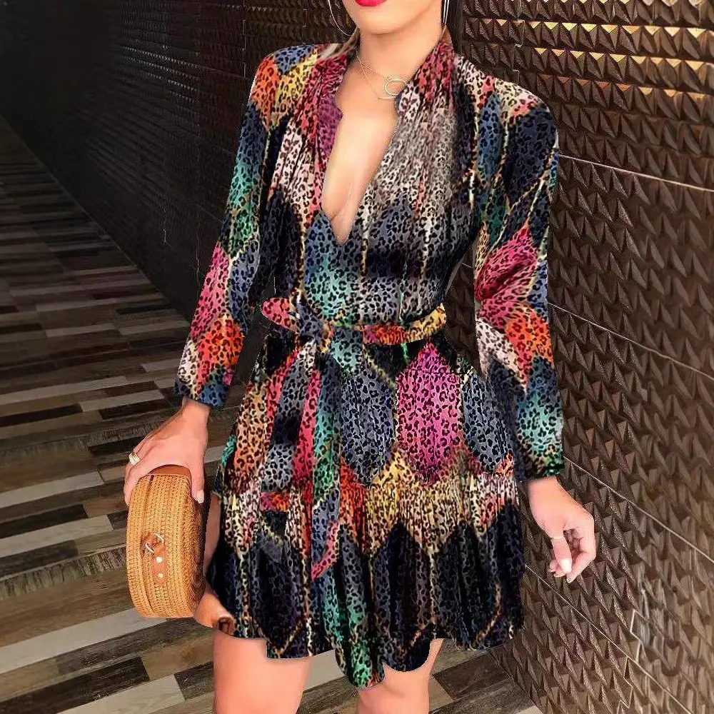 2021 Printed Long Sleeve Waist Belt Dress for Women - Image 5