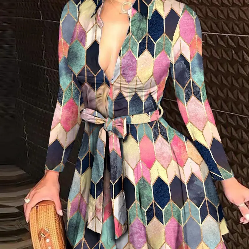 2021 Printed Long Sleeve Waist Belt Dress for Women - Image 2
