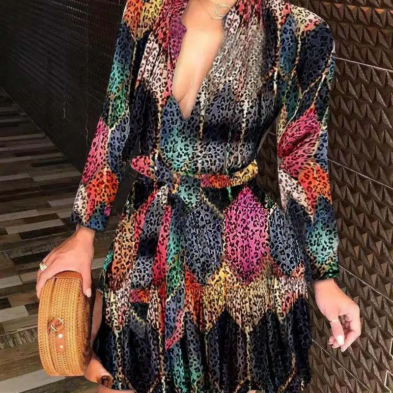 2021 Printed Long Sleeve Waist Belt Dress for Women - Image 6