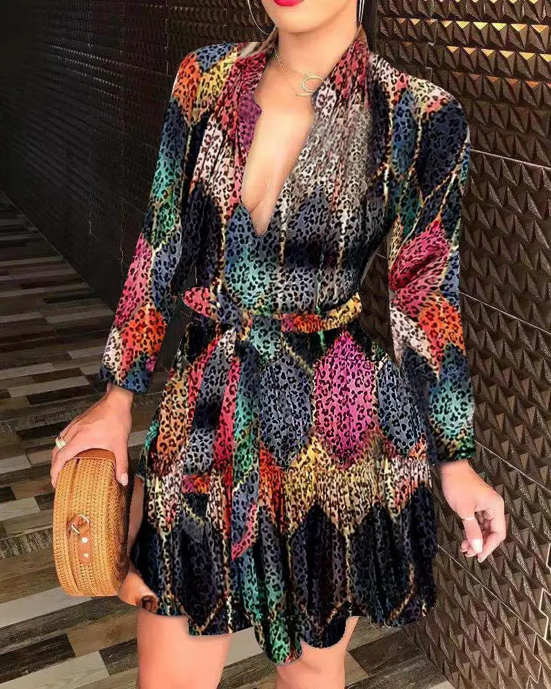 2021 Printed Long Sleeve Waist Belt Dress for Women - Image 3