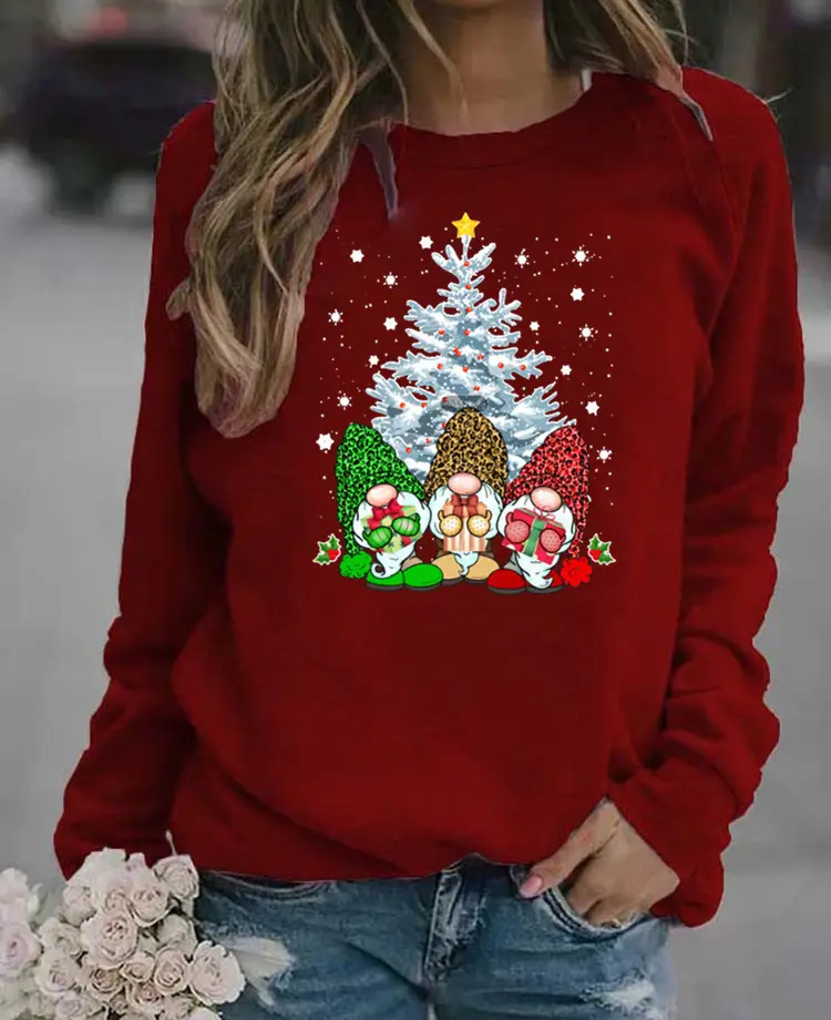 Women's Red Christmas Printed Long Sleeve Sweater - Image 9