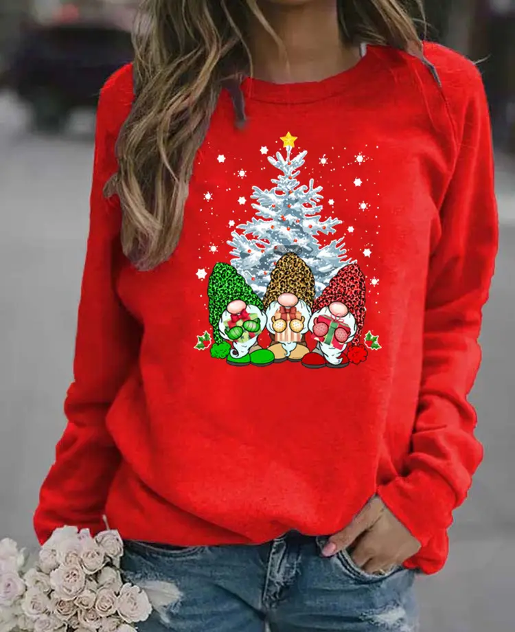 Women's Red Christmas Printed Long Sleeve Sweater - Image 6