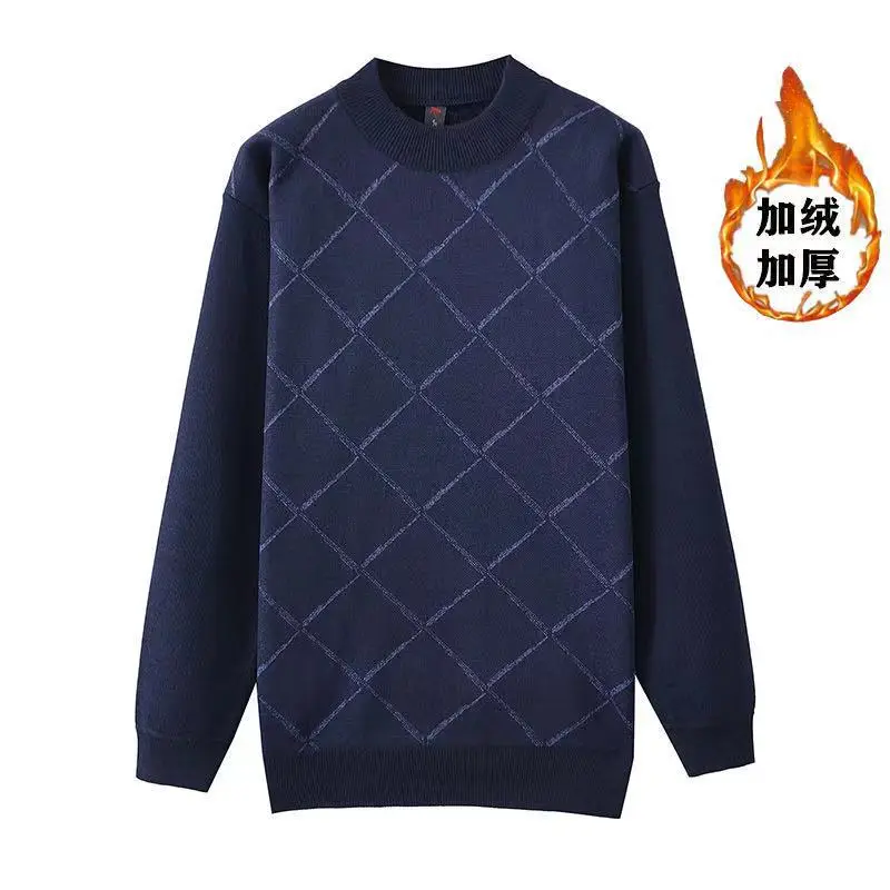 Men's Velvet Padded Winter Sweater Crew Neck Dark Blue - Image 14