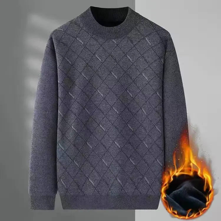 Men's Velvet Padded Winter Sweater Crew Neck Dark Blue - Image 10