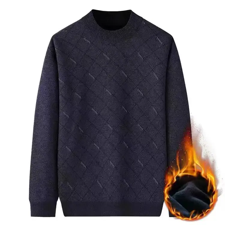 Men's Velvet Padded Winter Sweater Crew Neck Dark Blue - Image 11