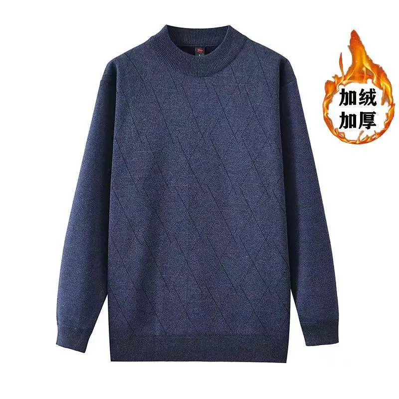 Men's Velvet Padded Winter Sweater Crew Neck Dark Blue - Image 3