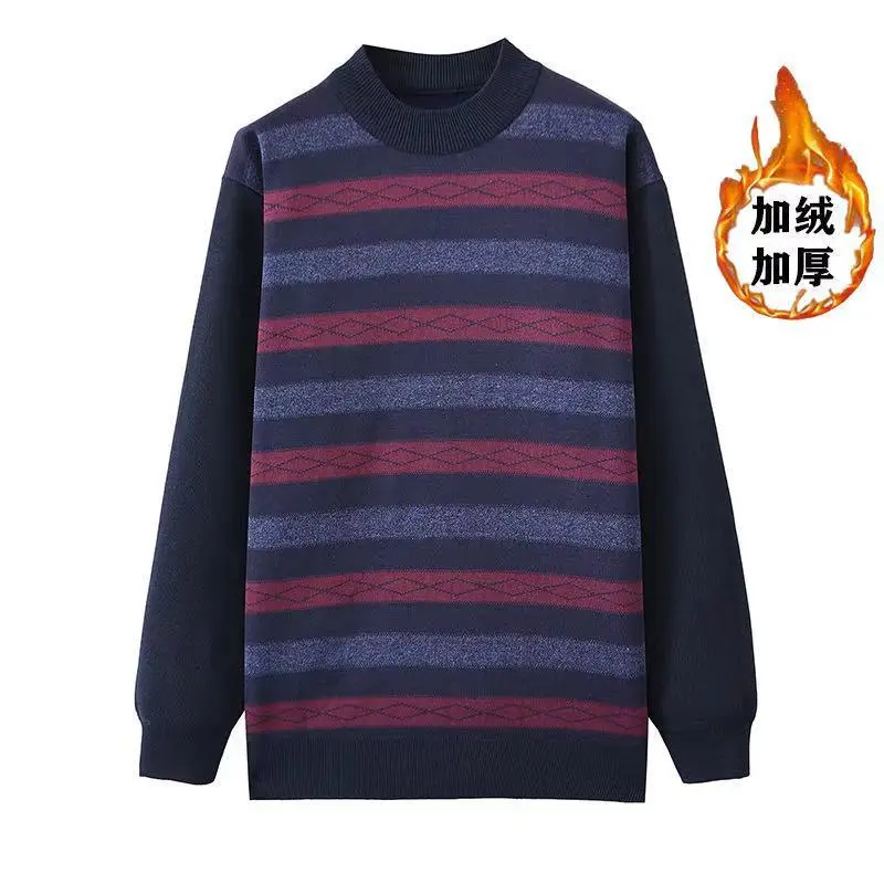 Men's Velvet Padded Winter Sweater Crew Neck Dark Blue - Image 4