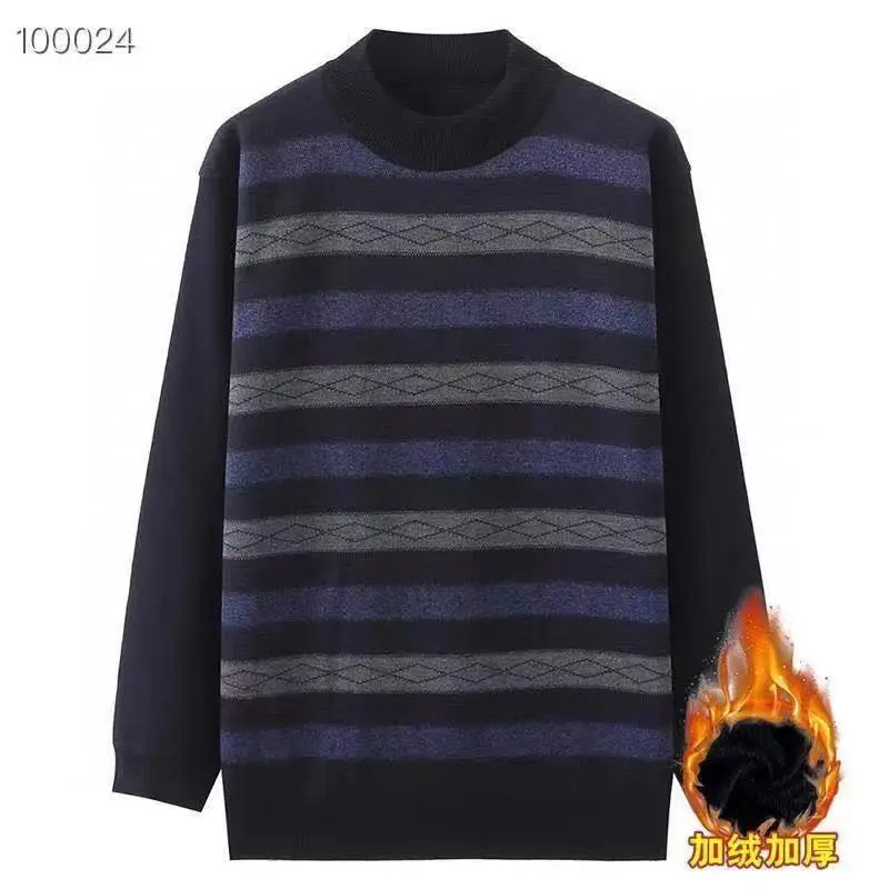 Men's Velvet Padded Winter Sweater Crew Neck Dark Blue - Image 5