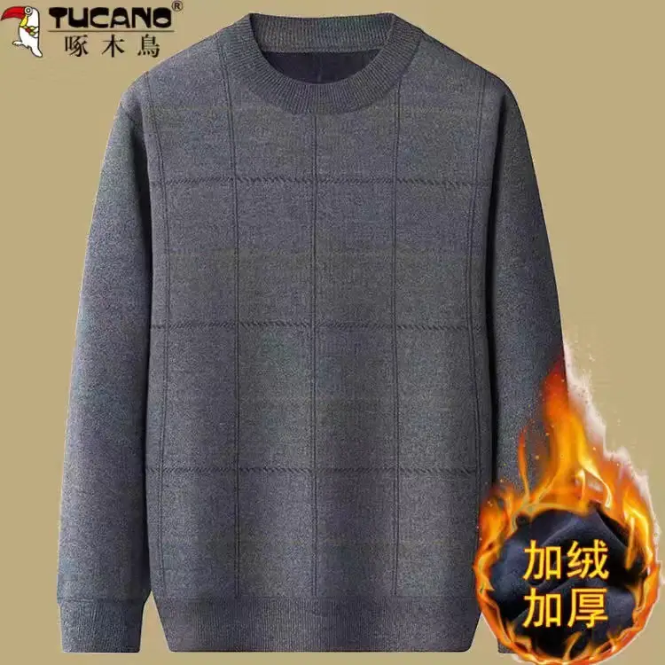 Men's Velvet Padded Winter Sweater Crew Neck Dark Blue - Image 6