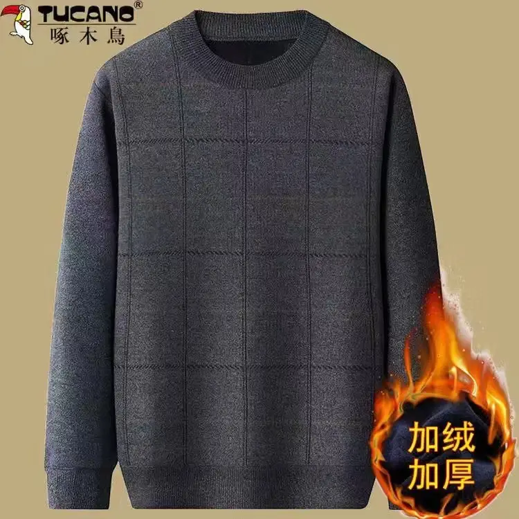 Men's Velvet Padded Winter Sweater Crew Neck Dark Blue - Image 7
