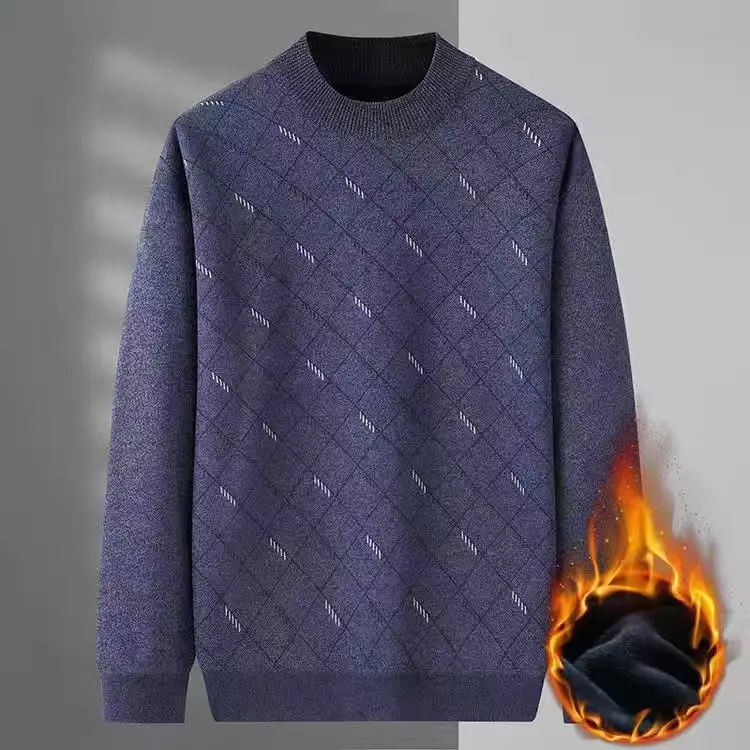 Men's Velvet Padded Winter Sweater Crew Neck Dark Blue - Image 8