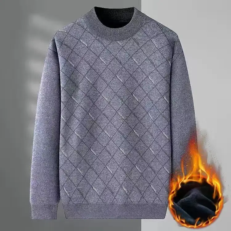 Men's Velvet Padded Winter Sweater Crew Neck Dark Blue - Image 9