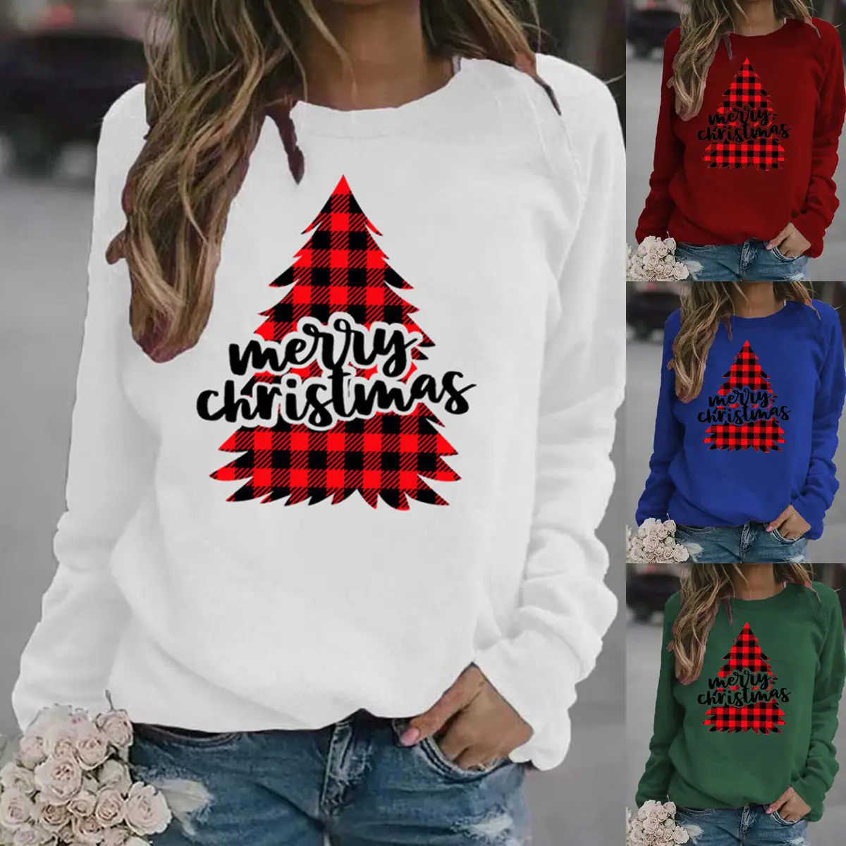 Women's Blue Christmas Printed Sweatshirt Long Sleeve