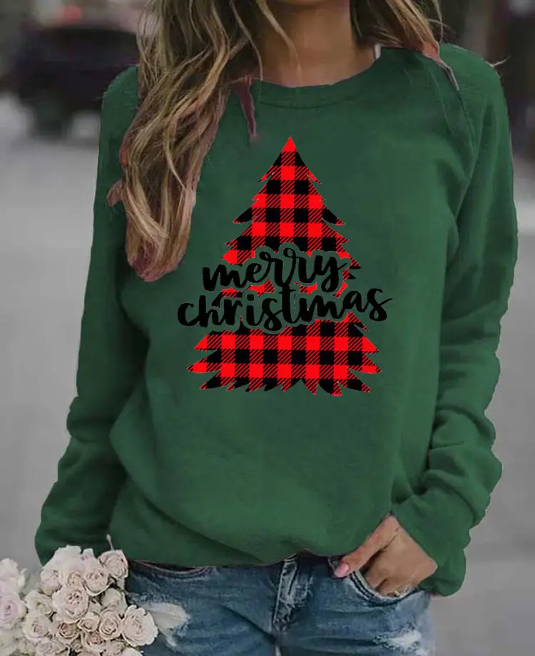 Women's Blue Christmas Printed Sweatshirt Long Sleeve