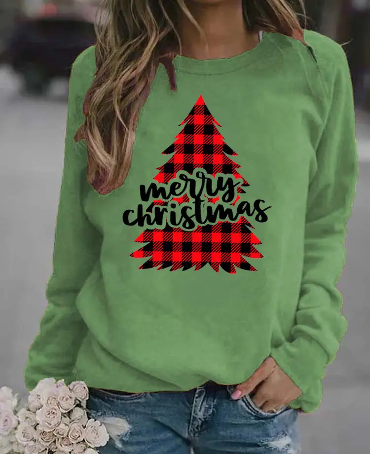 Women's Blue Christmas Printed Sweatshirt Long Sleeve