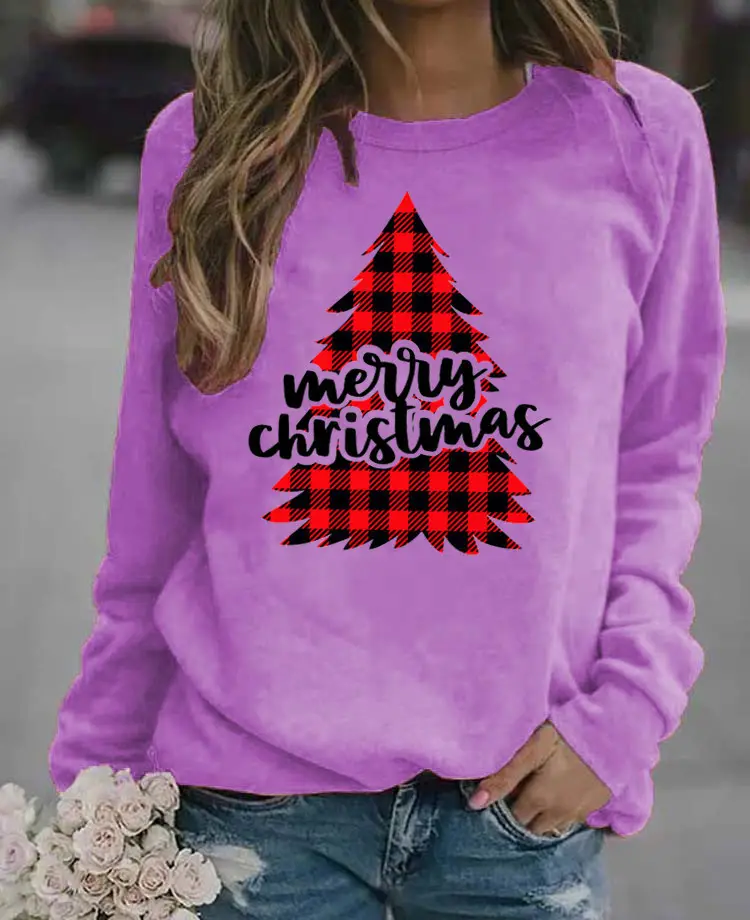Women's Blue Christmas Printed Sweatshirt Long Sleeve