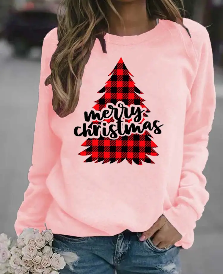 Women's Blue Christmas Printed Sweatshirt Long Sleeve