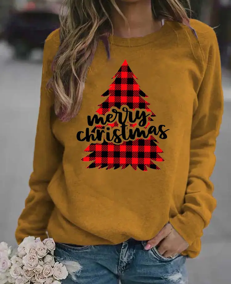 Women's Blue Christmas Printed Sweatshirt Long Sleeve