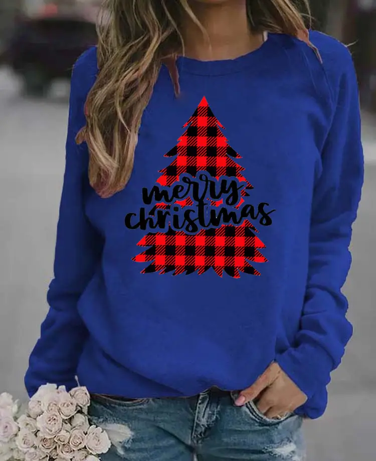 Women's Blue Christmas Printed Sweatshirt Long Sleeve