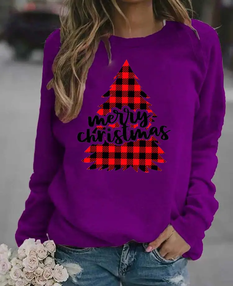 Women's Blue Christmas Printed Sweatshirt Long Sleeve