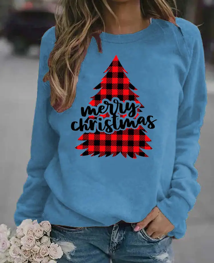 Women's Blue Christmas Printed Sweatshirt Long Sleeve
