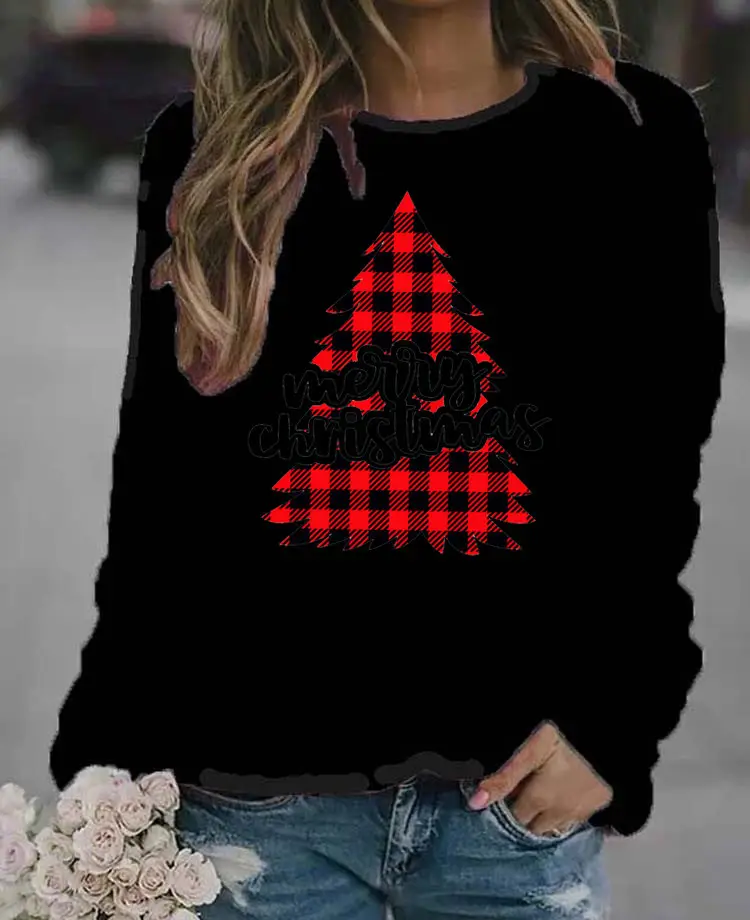 Women's Blue Christmas Printed Sweatshirt Long Sleeve