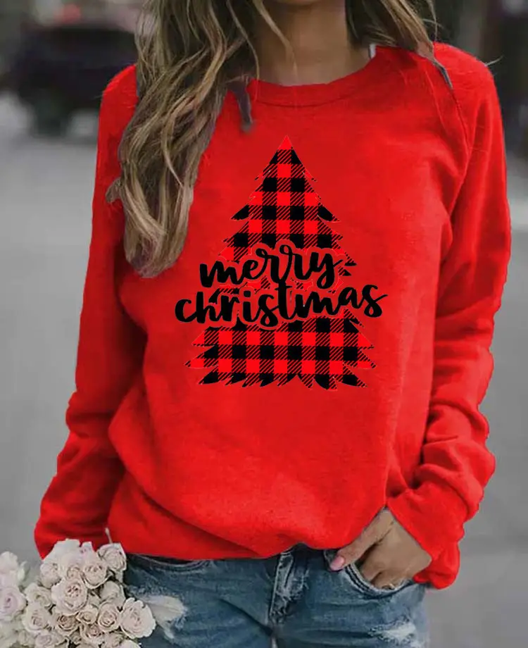 Women's Blue Christmas Printed Sweatshirt Long Sleeve