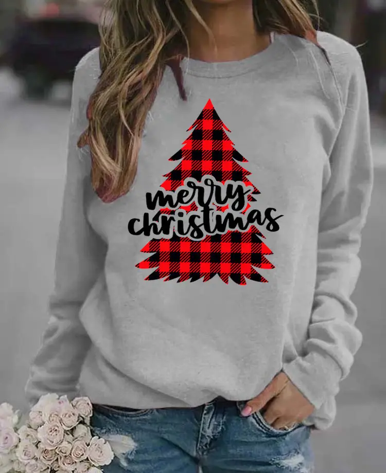 Women's Blue Christmas Printed Sweatshirt Long Sleeve