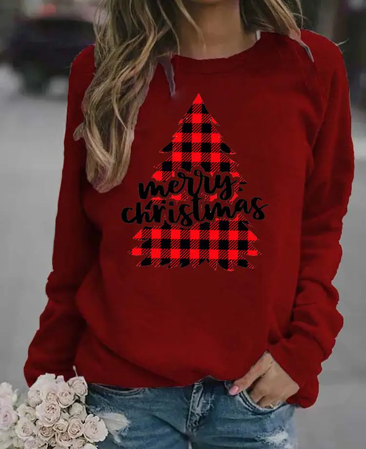 Women's Blue Christmas Printed Sweatshirt Long Sleeve