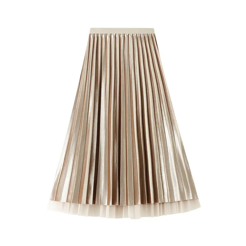 Gold Velvet Pleated Skirt for Women Mid Length