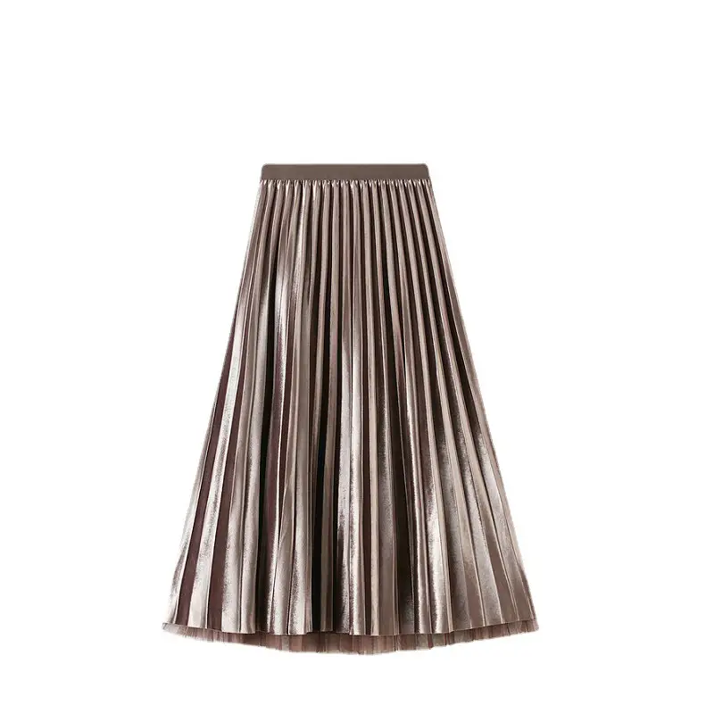 Gold Velvet Pleated Skirt for Women Mid Length