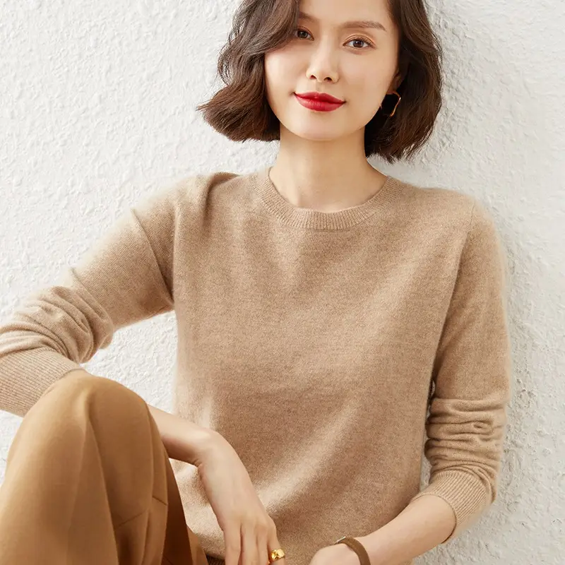 Women's 2023 Knitted Round Neck Sweater Beige Long Sleeve - Image 12