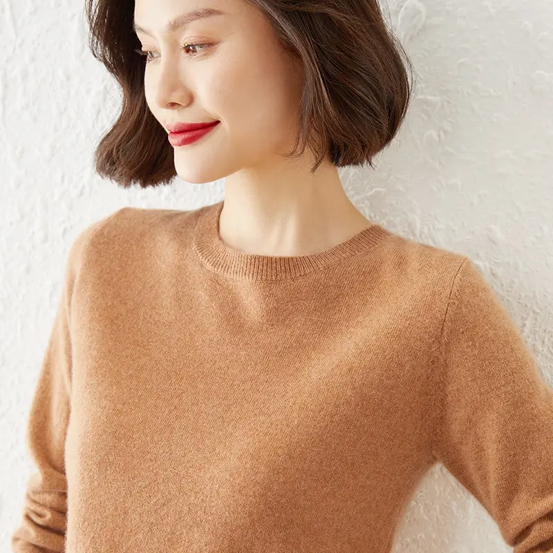 Women's 2023 Knitted Round Neck Sweater Beige Long Sleeve - Image 13