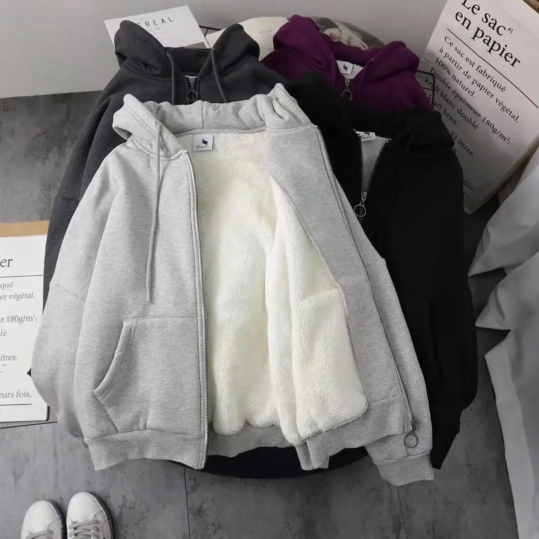 Women Korean Hooded Fleece Jacket Grey Black Zipper - Image 4