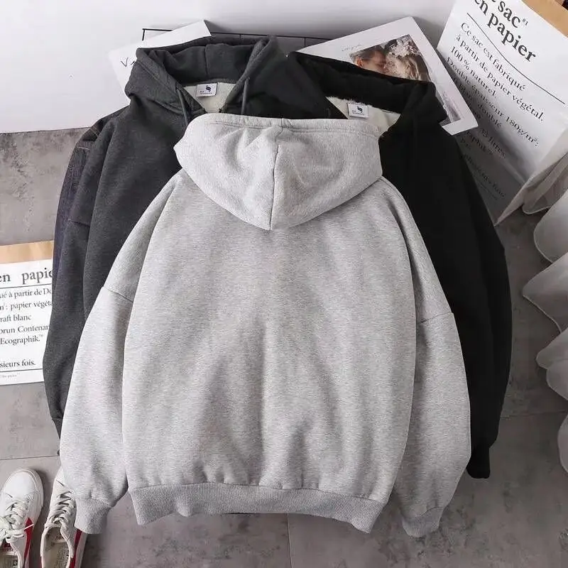 Women Korean Hooded Fleece Jacket Grey Black Zipper - Image 5
