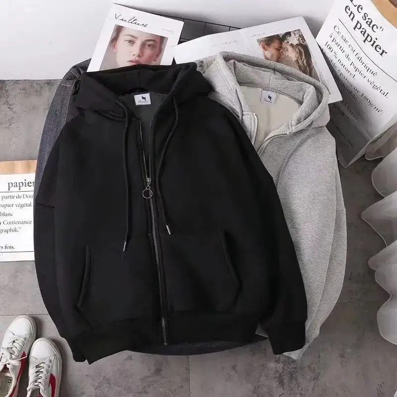 Women Korean Hooded Fleece Jacket Grey Black Zipper - Image 6