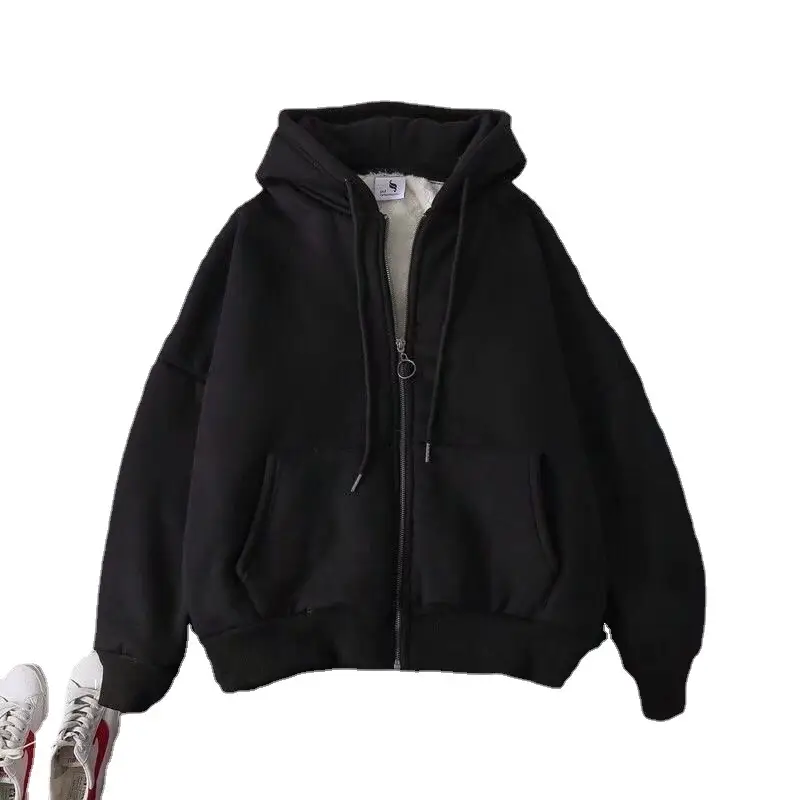 Women Korean Hooded Fleece Jacket Grey Black Zipper - Image 7