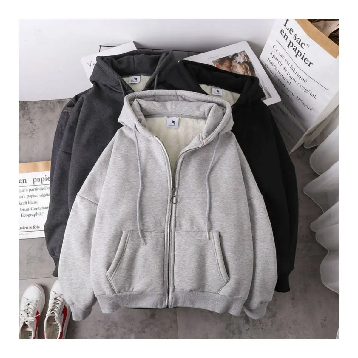 Women Korean Hooded Fleece Jacket Grey Black Zipper — feature 10