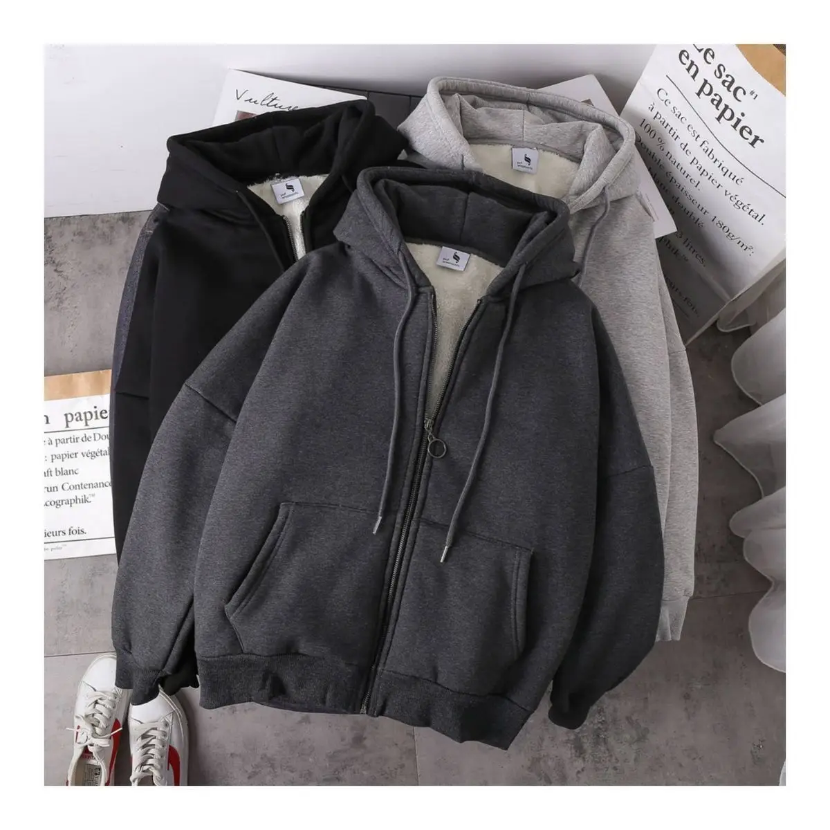Women Korean Hooded Fleece Jacket Grey Black Zipper — feature 11