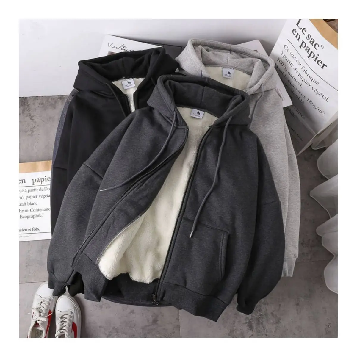 Women Korean Hooded Fleece Jacket Grey Black Zipper — feature 12