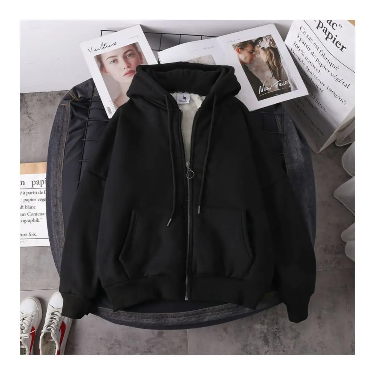 Women Korean Hooded Fleece Jacket Grey Black Zipper — feature 3