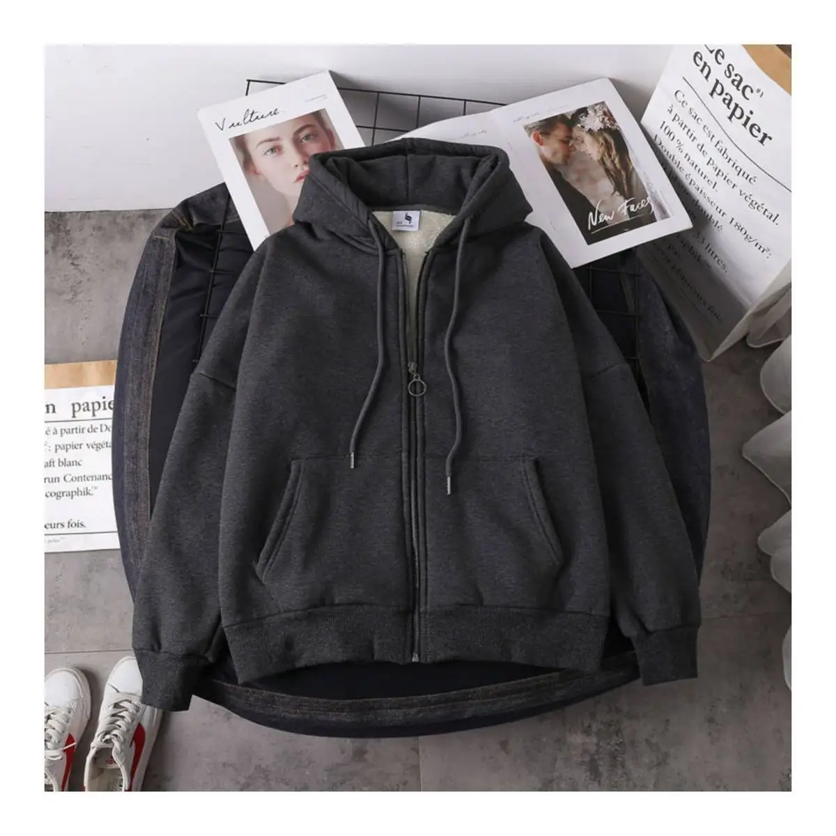 Women Korean Hooded Fleece Jacket Grey Black Zipper — feature 4