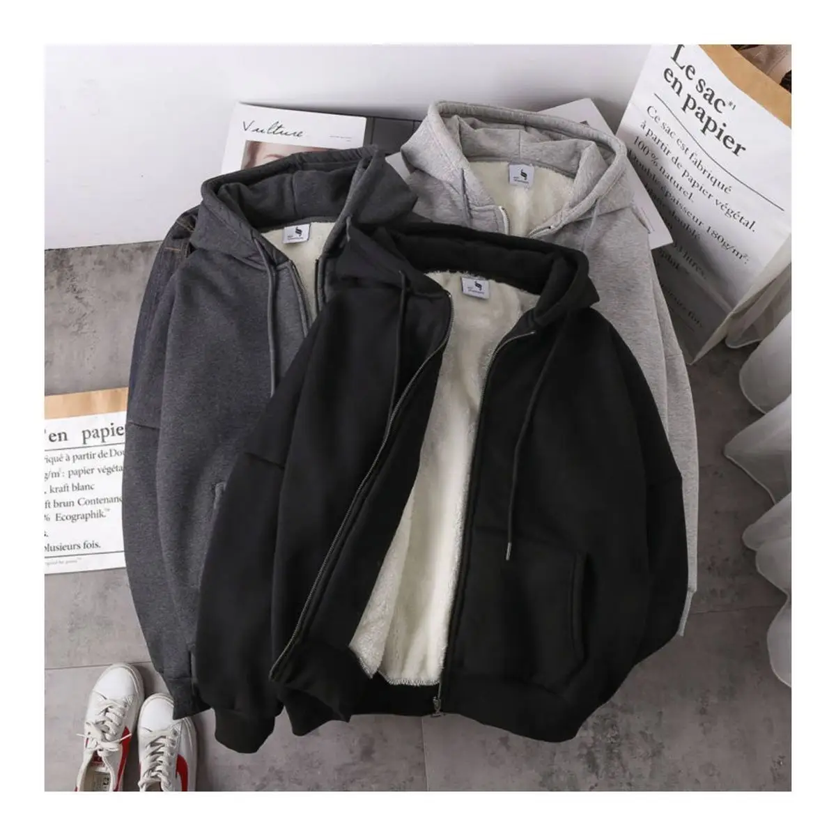 Women Korean Hooded Fleece Jacket Grey Black Zipper — feature 5