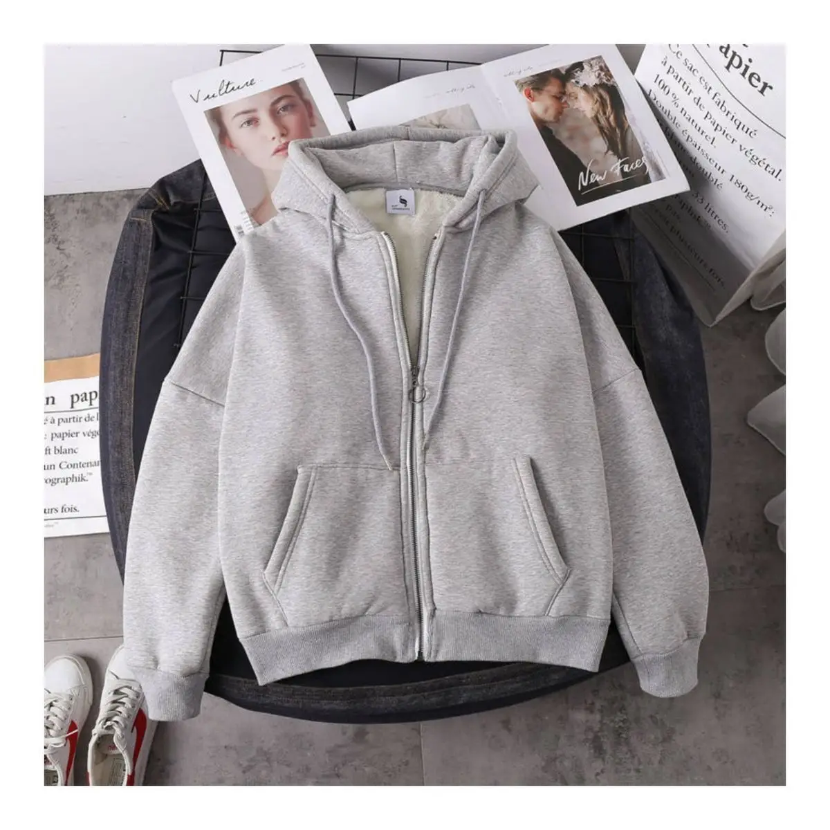 Women Korean Hooded Fleece Jacket Grey Black Zipper — feature 6