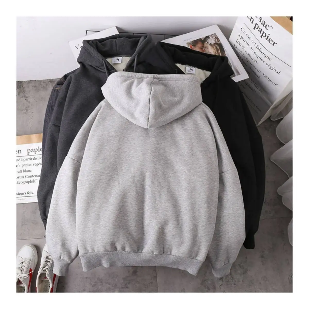 Women Korean Hooded Fleece Jacket Grey Black Zipper — feature 7