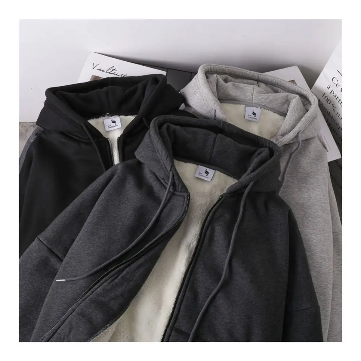 Women Korean Hooded Fleece Jacket Grey Black Zipper — feature 9