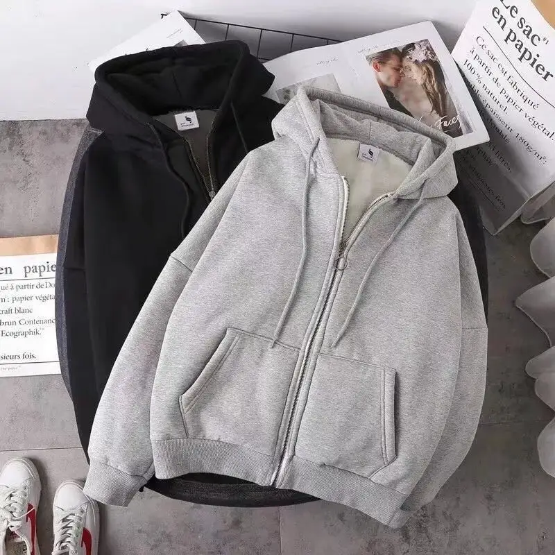 Women Korean Hooded Fleece Jacket Grey Black Zipper - Image 2