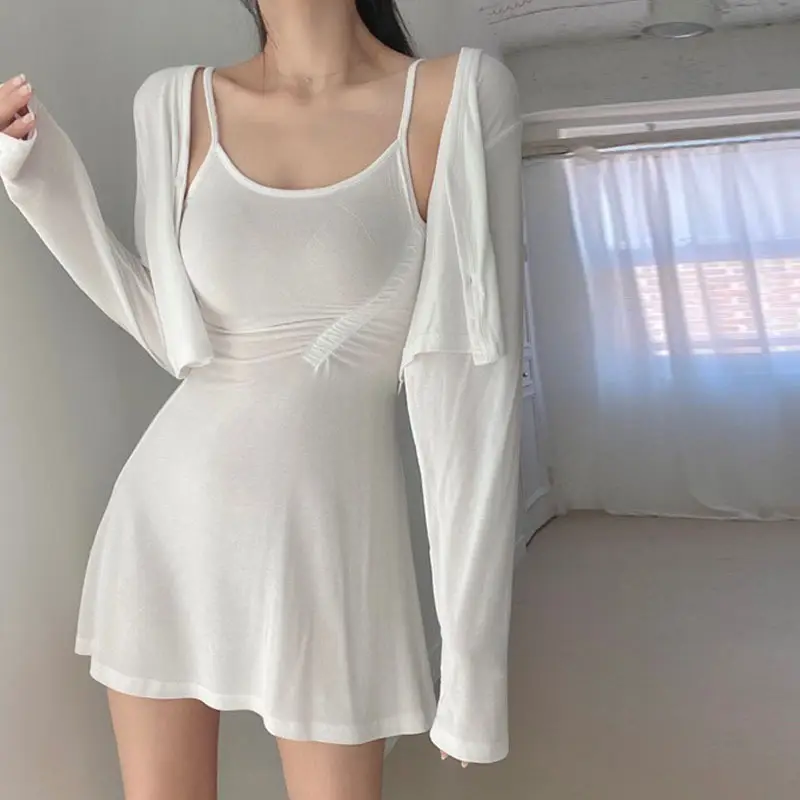 White Long Sleeve Cardigan with Pleated Skirt Set